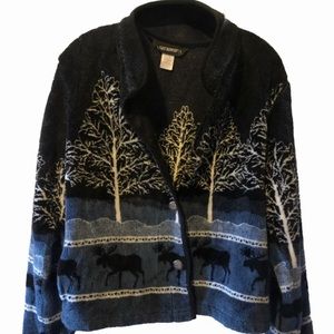 Vintage 90s Women’s Black Diamond Button Up Fleece. Size XL. Moose Print
